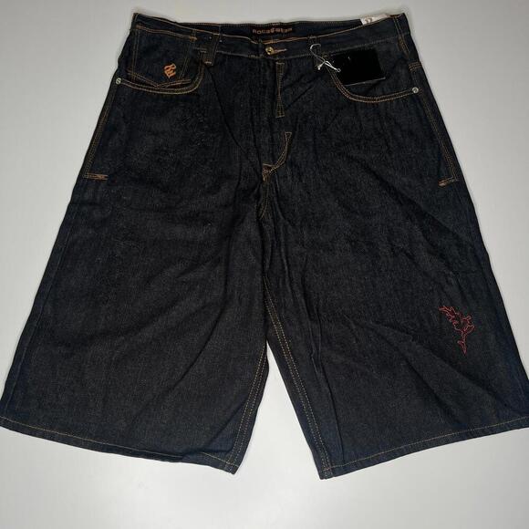 rocawear men’s denim shorts 38 raw black miami embroidered metallic thread y2k - Picture 8 of 11